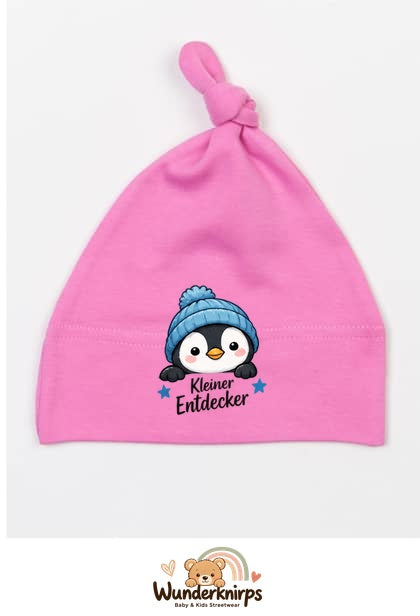 Knotenmütze Babybugz BZ15 in Bubblegum-Pink mit Motiv Pinguin Kleiner Entdecker
