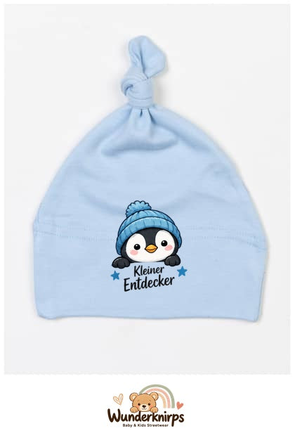 Knotenmütze Babybugz BZ15 in Staubblau mit Motiv Pinguin Kleiner Entdecker