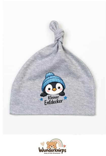 Knotenmütze Babybugz BZ15 in Grau meliert mit Motiv Pinguin Kleiner Entdecker