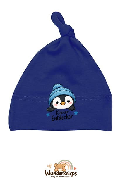 Knotenmütze Babybugz BZ15 in Marineblau mit Motiv Pinguin Kleiner Entdecker