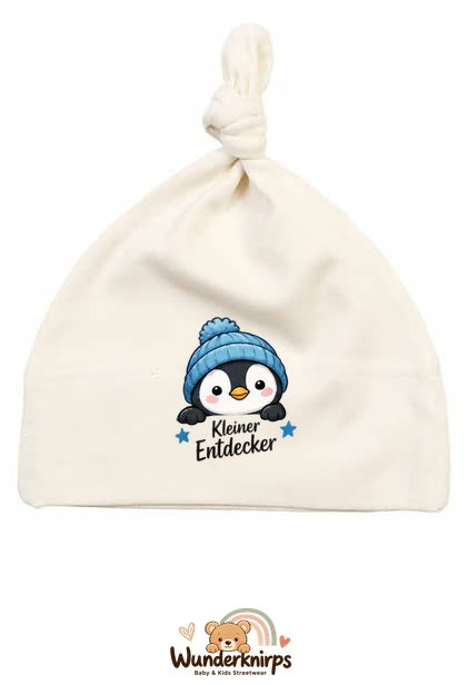 Knotenmütze Babybugz BZ15 in Natur mit Motiv Pinguin Kleiner Entdecker