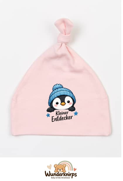 Knotenmütze Babybugz BZ15 in Pastellrosa mit Motiv Pinguin Kleiner Entdecker