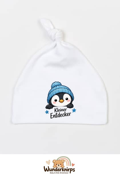 Knotenmütze Babybugz BZ15 in Weiß mit Motiv Pinguin Kleiner Entdecker