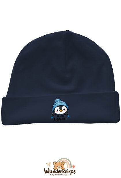 Umschlagmütze Rox-01 in Marineblau mit Motiv Pinguin Kleiner Entdecker