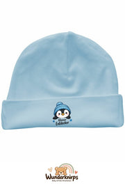 Umschlagmütze Rox-01 in Pastellblau mit Motiv Pinguin Kleiner Entdecker