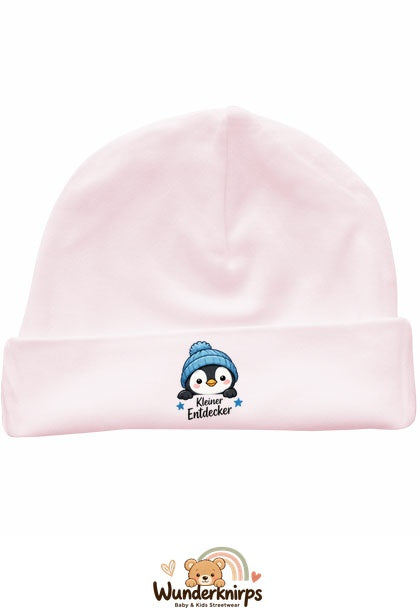 Umschlagmütze Rox-01 in Pastellrosa mit Motiv Pinguin Kleiner Entdecker