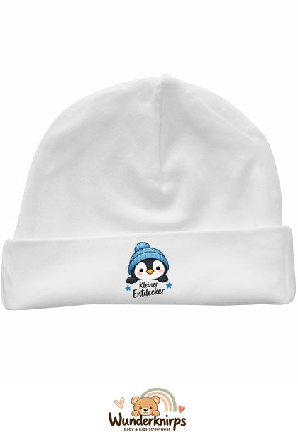 Umschlagmütze Rox-01 in Weiß mit Motiv Pinguin Kleiner Entdecker