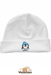 Umschlagmütze Rox-01 in Weiß mit Motiv Pinguin Kleiner Entdecker