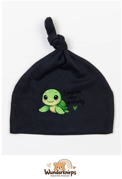 Knotenmütze Babybugz BZ15 in Schwarz mit Motiv Schildkröte Langsam, aber großartig