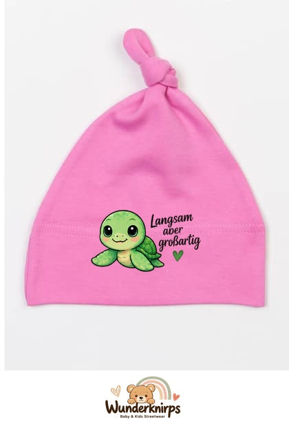 Knotenmütze Babybugz BZ15 in Bubblegum-Pink mit Motiv Schildkröte Langsam, aber großartig