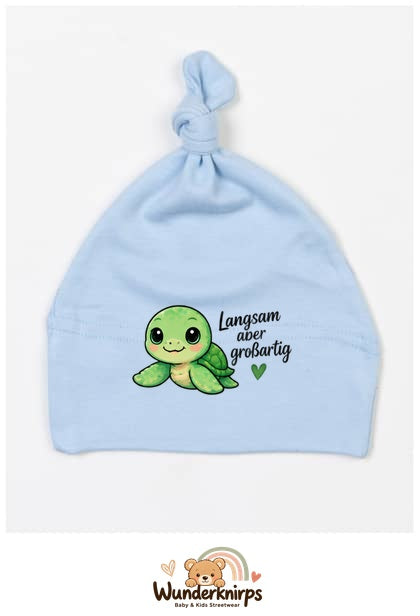 Knotenmütze Babybugz BZ15 in Staubblau mit Motiv Schildkröte Langsam, aber großartig