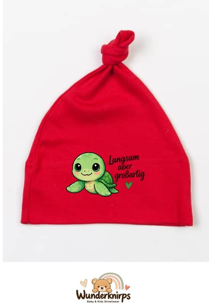 Knotenmütze Babybugz BZ15 in Rot mit Motiv Schildkröte Langsam, aber großartig