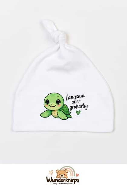 Knotenmütze Babybugz BZ15 in Weiß mit Motiv Schildkröte Langsam, aber großartig