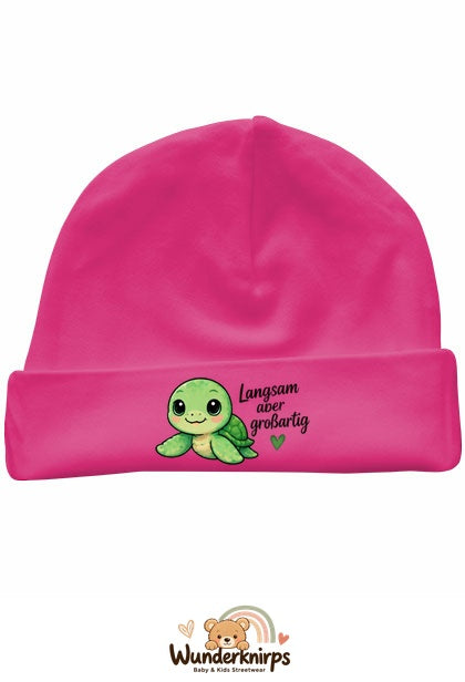 Umschlagmütze Rox-01 in Pink mit Motiv Schildkröte Langsam, aber großartig