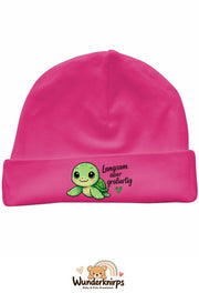 Umschlagmütze Rox-01 in Pink mit Motiv Schildkröte Langsam, aber großartig