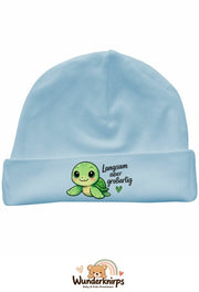 Umschlagmütze Rox-01 in Pastellblau mit Motiv Schildkröte Langsam, aber großartig