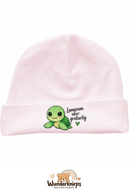 Umschlagmütze Rox-01 in Pastellrosa mit Motiv Schildkröte Langsam, aber großartig