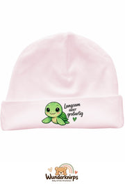 Umschlagmütze Rox-01 in Pastellrosa mit Motiv Schildkröte Langsam, aber großartig