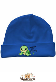 Umschlagmütze Rox-01 in Royalblau mit Motiv Schildkröte Langsam, aber großartig