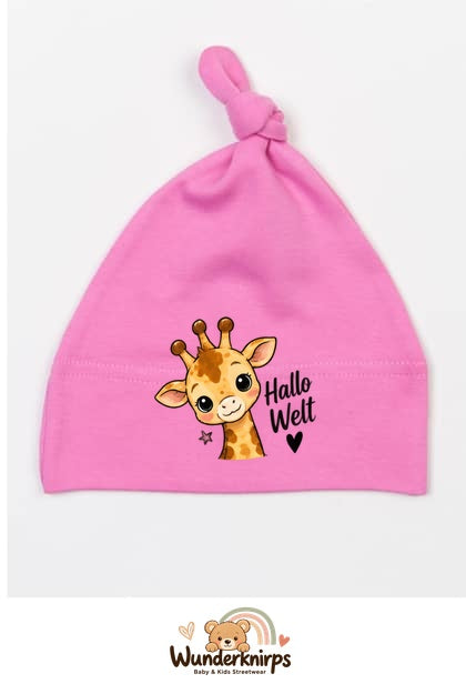 Knotenmütze Babybugz BZ15 in Bubblegum-Pink mit Motiv Giraffe Hallo Welt