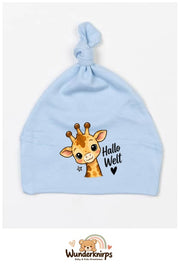 Knotenmütze Babybugz BZ15 in Staubblau mit Motiv Giraffe Hallo Welt