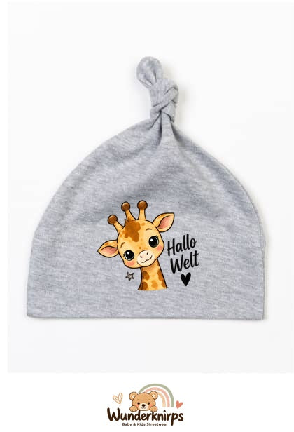 Knotenmütze Babybugz BZ15 in Grau meliert mit Motiv Giraffe Hallo Welt