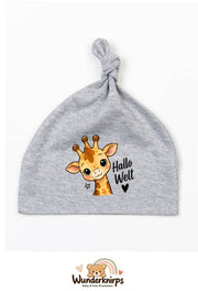 Knotenmütze Babybugz BZ15 in Grau meliert mit Motiv Giraffe Hallo Welt