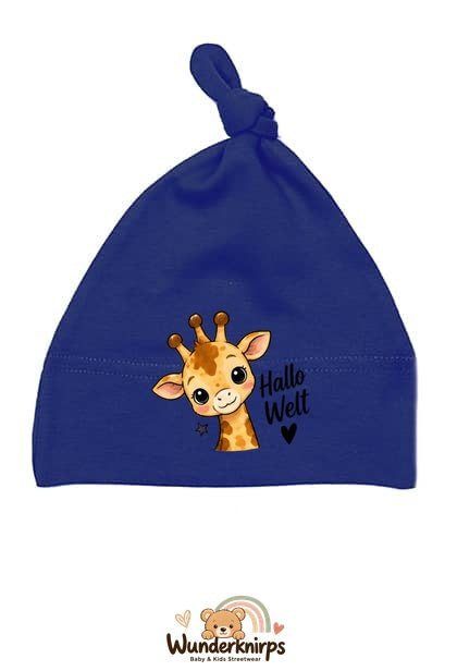 Knotenmütze Babybugz BZ15 in Marineblau mit Motiv Giraffe Hallo Welt