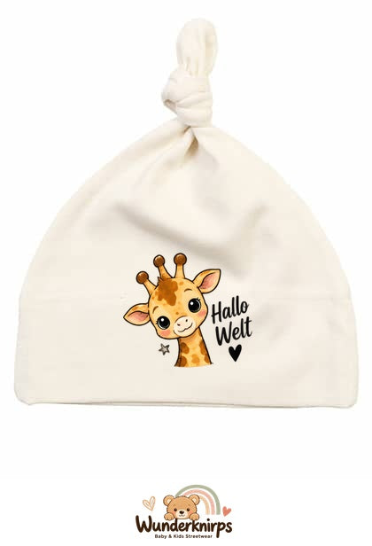 Knotenmütze Babybugz BZ15 in Natur mit Motiv Giraffe Hallo Welt
