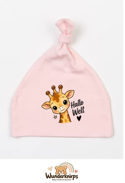 Knotenmütze Babybugz BZ15 in Pastellrosa mit Motiv Giraffe Hallo Welt