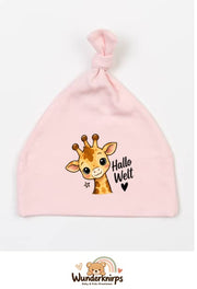Knotenmütze Babybugz BZ15 in Pastellrosa mit Motiv Giraffe Hallo Welt