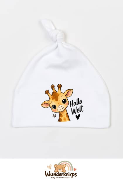Knotenmütze Babybugz BZ15 in Weiß mit Motiv Giraffe Hallo Welt