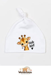 Knotenmütze Babybugz BZ15 in Weiß mit Motiv Giraffe Hallo Welt