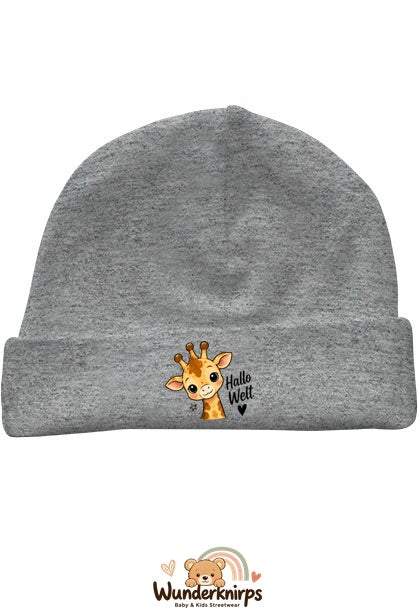 Umschlagmütze Rox-01 in Grau meliert mit Motiv Giraffe Hallo Welt