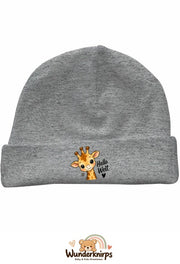 Umschlagmütze Rox-01 in Grau meliert mit Motiv Giraffe Hallo Welt