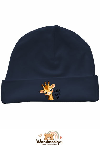 Umschlagmütze Rox-01 in Marineblau mit Motiv Giraffe Hallo Welt