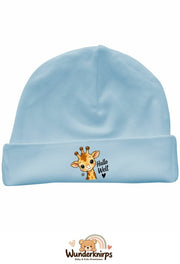 Umschlagmütze Rox-01 in Pastellblau mit Motiv Giraffe Hallo Welt