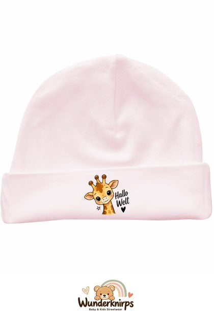 Umschlagmütze Rox-01 in Pastellrosa mit Motiv Giraffe Hallo Welt