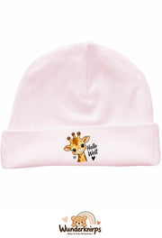Umschlagmütze Rox-01 in Pastellrosa mit Motiv Giraffe Hallo Welt