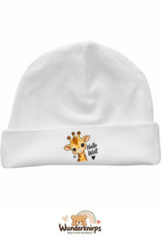 Umschlagmütze Rox-01 in Weiß mit Motiv Giraffe Hallo Welt
