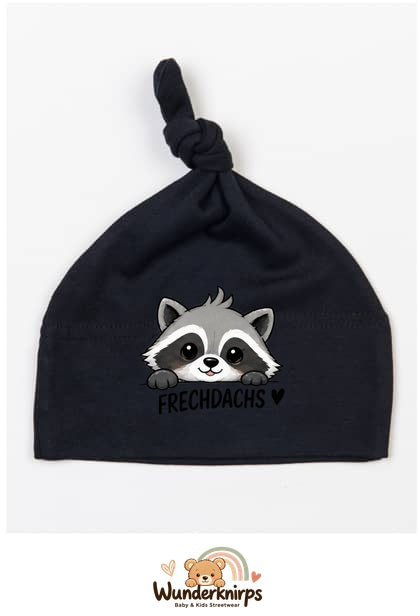 Knotenmütze Babybugz BZ15 in Schwarz mit Motiv Waschbär Frechdachs