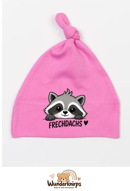 Knotenmütze Babybugz BZ15 in Bubblegum-Pink mit Motiv Waschbär Frechdachs