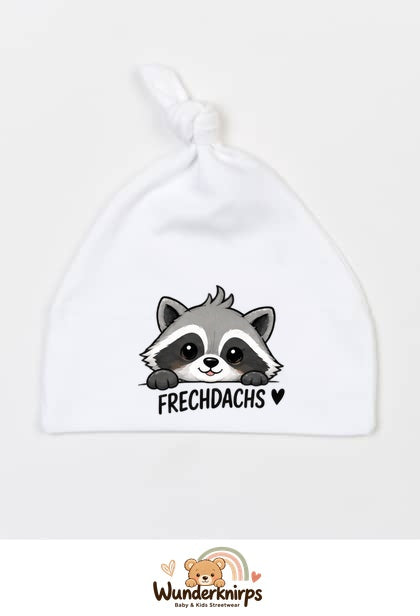 Knotenmütze Babybugz BZ15 in Weiß mit Motiv Waschbär Frechdachs