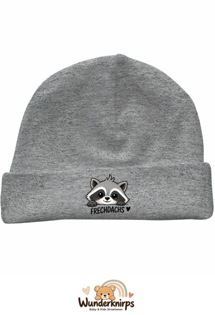 Umschlagmütze Rox-01 in Grau meliert mit Motiv Waschbär Frechdachs