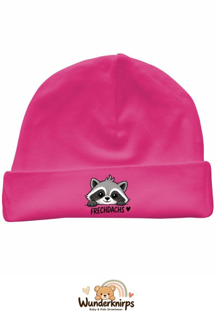 Umschlagmütze Rox-01 in Pink mit Motiv Waschbär Frechdachs