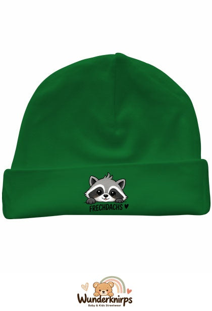 Umschlagmütze Rox-01 in Grün mit Motiv Waschbär Frechdachs