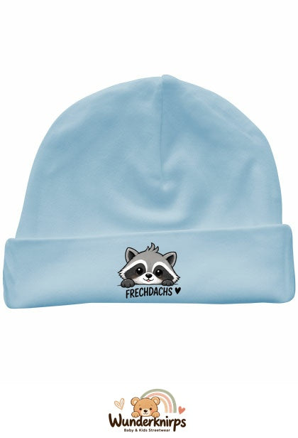 Umschlagmütze Rox-01 in Pastellblau mit Motiv Waschbär Frechdachs