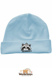 Umschlagmütze Rox-01 in Pastellblau mit Motiv Waschbär Frechdachs