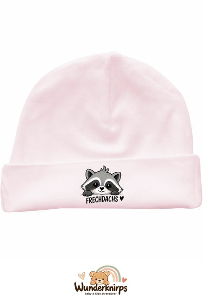 Umschlagmütze Rox-01 in Pastellrosa mit Motiv Waschbär Frechdachs