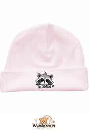 Umschlagmütze Rox-01 in Pastellrosa mit Motiv Waschbär Frechdachs